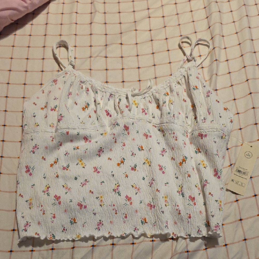 No Boundaries White Floral Smocked Cami with Pink & Yellow Blooms